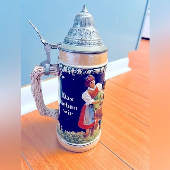 GERZ Beer Stein Pewter Lid Tavern Scene ”Frohbeim Bier Das Lieben Wir" V… - Picture 3 of 17